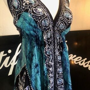 Teal Batik Halter Maxi Dress Boho Festival Coachella Handkerchief Hem Small